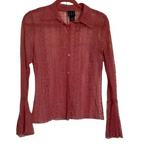 Salmon color I.N.C sheer lace blouse/top. Button front/bell sleeve. Size small.